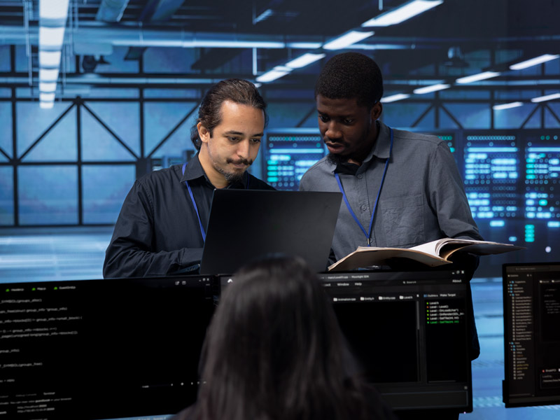 Two engineers review information on laptop in server room