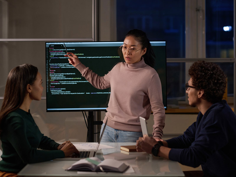 2 customers sit at table to provide knowledge transfer to software specialist who is stood pointing at code on a large display