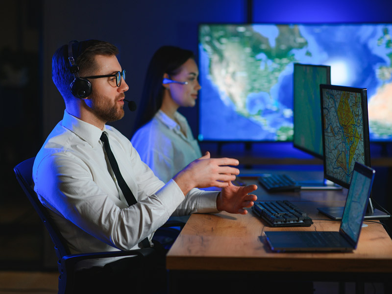 IT Support worker discusses analysing, responding and detecting security threats with client over the phone while having maps open showing activity locations