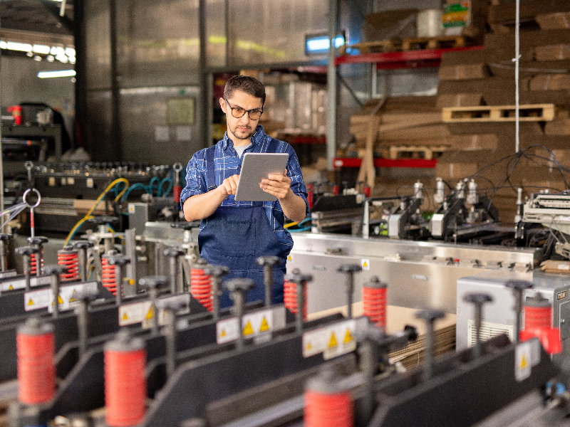 Tool factory worker processing orders on a tablet