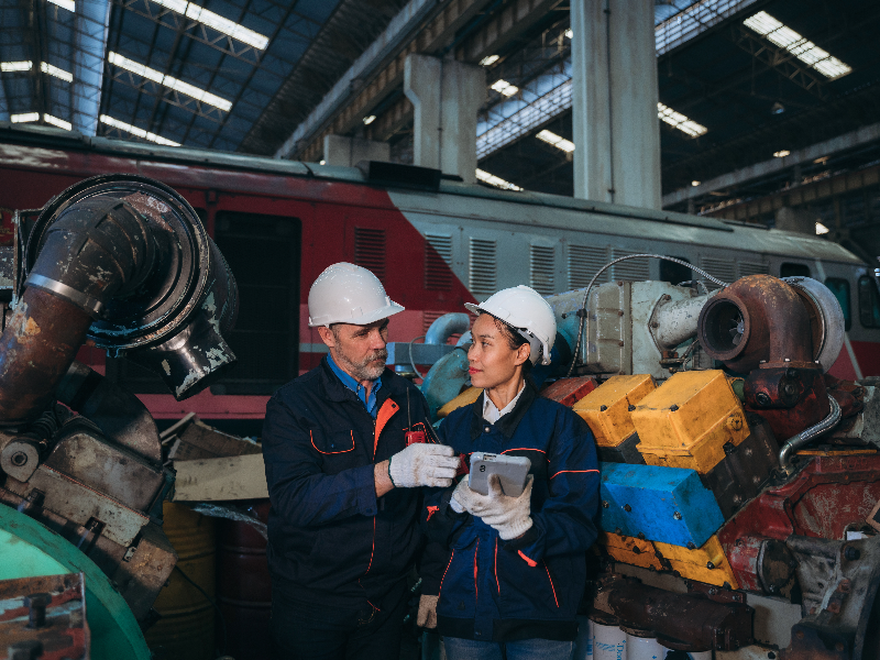 Two factory workers using a tablet while working