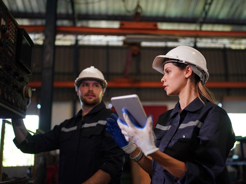 Manufacturers at a machine on a tablet